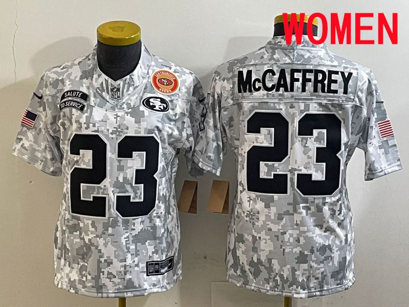 Women San Francisco 49ers 23 Mccaffrey Nike Arctic Camo 2025 Salute to Service Limited NFL Jersey style 6